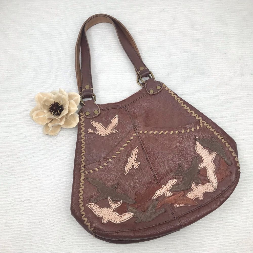 Lucky Brand Brown Leather Hobo Bag with Bird Appliqué Front- Rare and Unique
